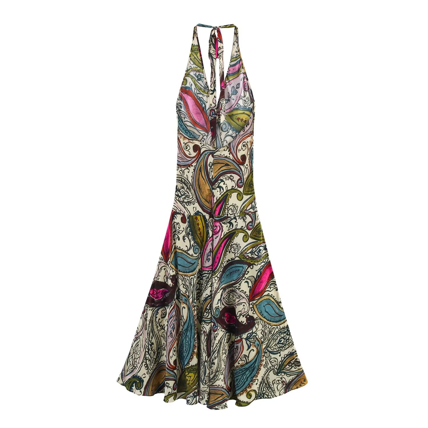 Women's new chic Fashion slim draped print hanging neck MIDI dress retro sleeveless backless women's dress