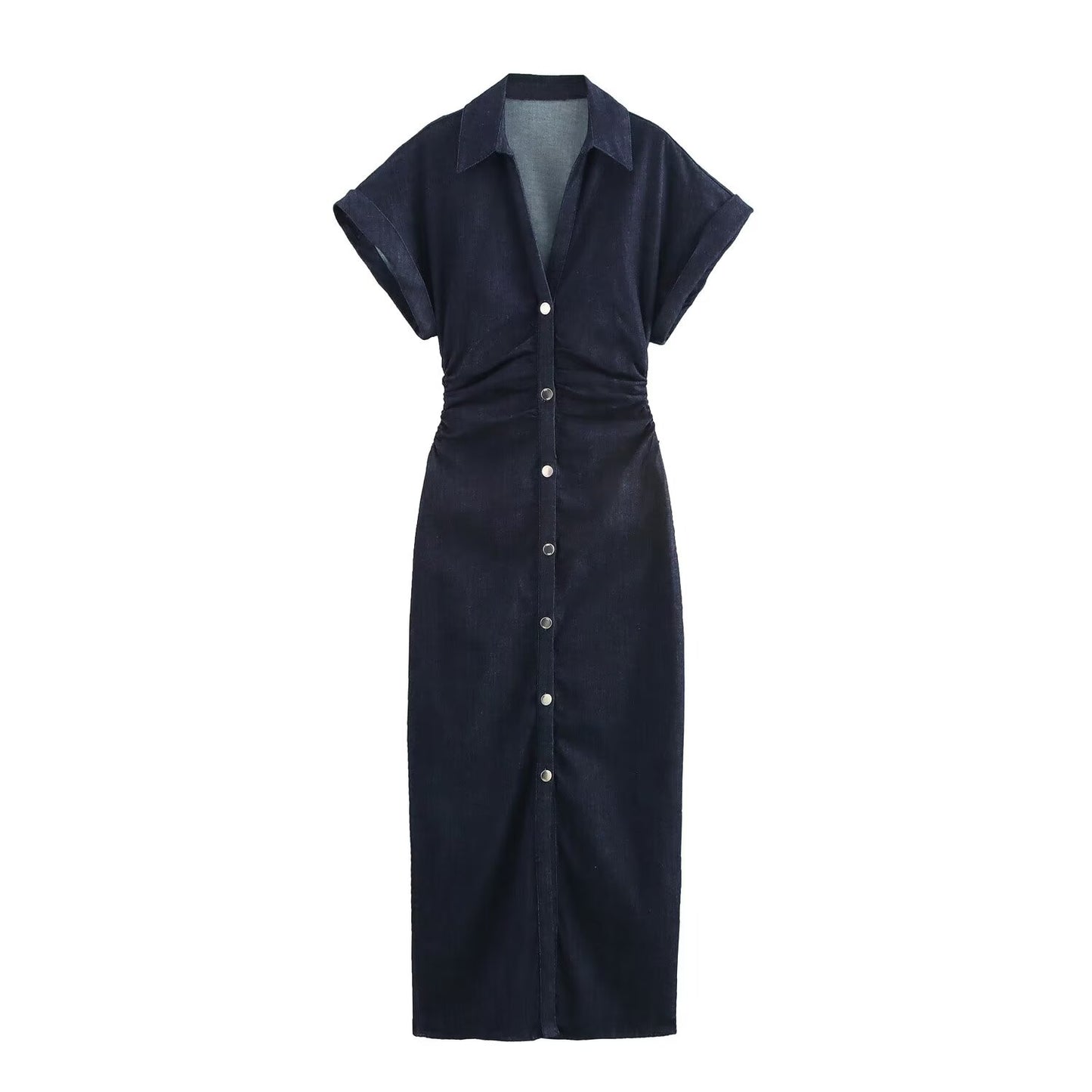 Women's new chic fashion pleated decoration slim single breasted denim Midi dress retro V Neck short sleeved women's dress