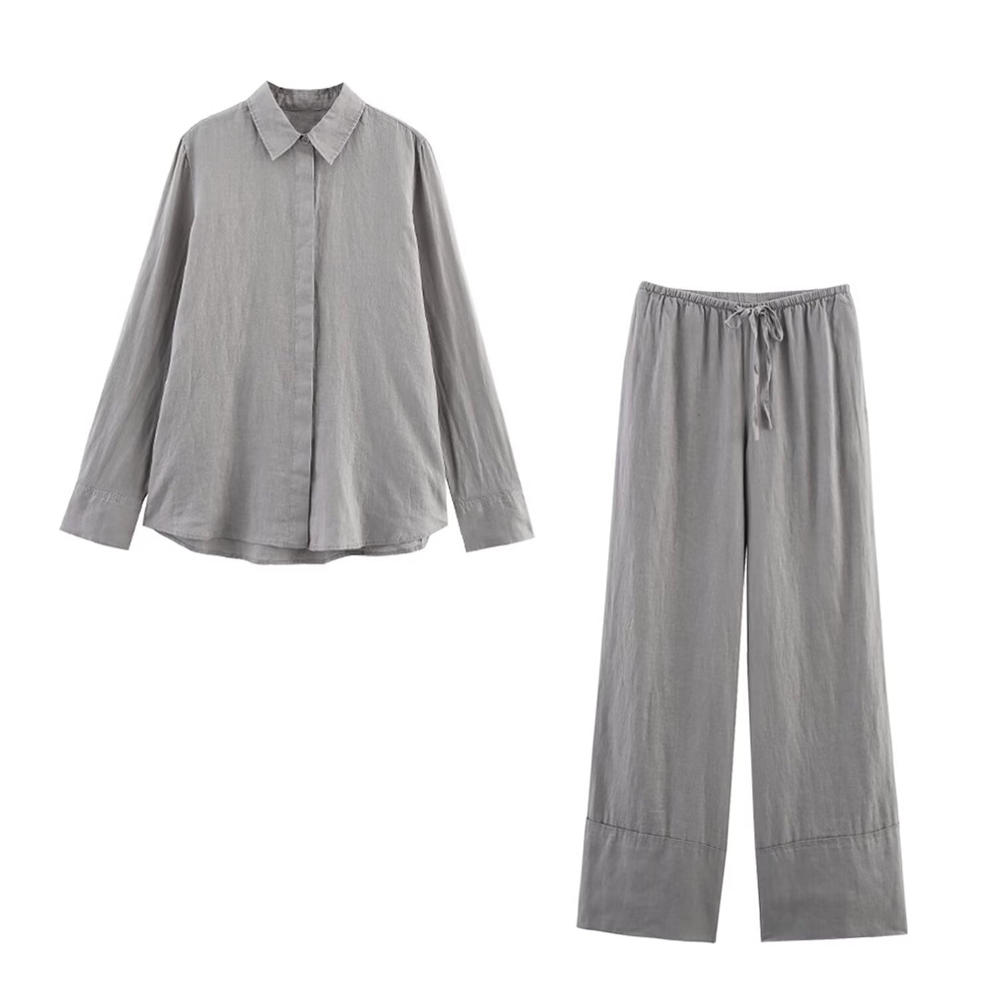 Women's new fashion loose single breasted casual linen blend shirt retro long sleeved women's shirt chic top+Pants Women's suit