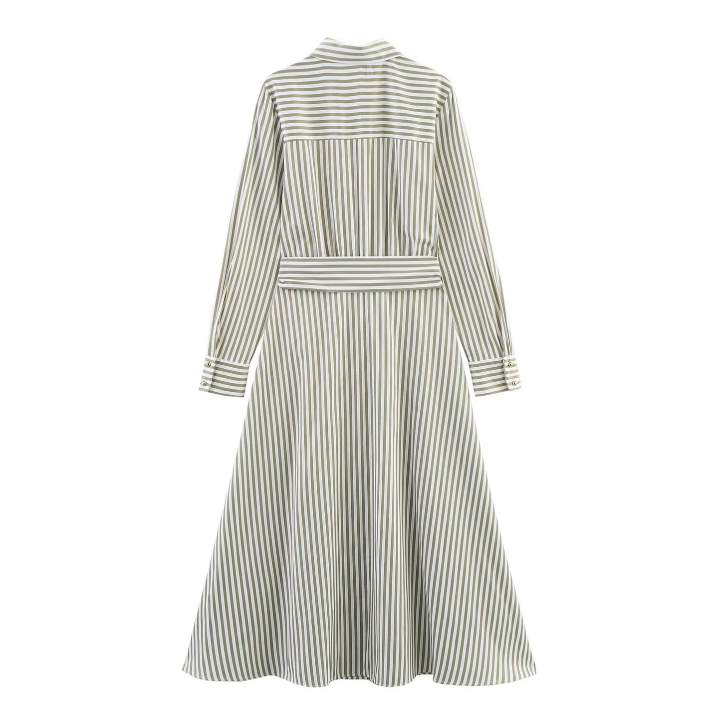 Women's New Fashion With Belt Casual Single breasted Striped Shirt Style Poplin Midi Dress Retro Long sleeved Women's Dress