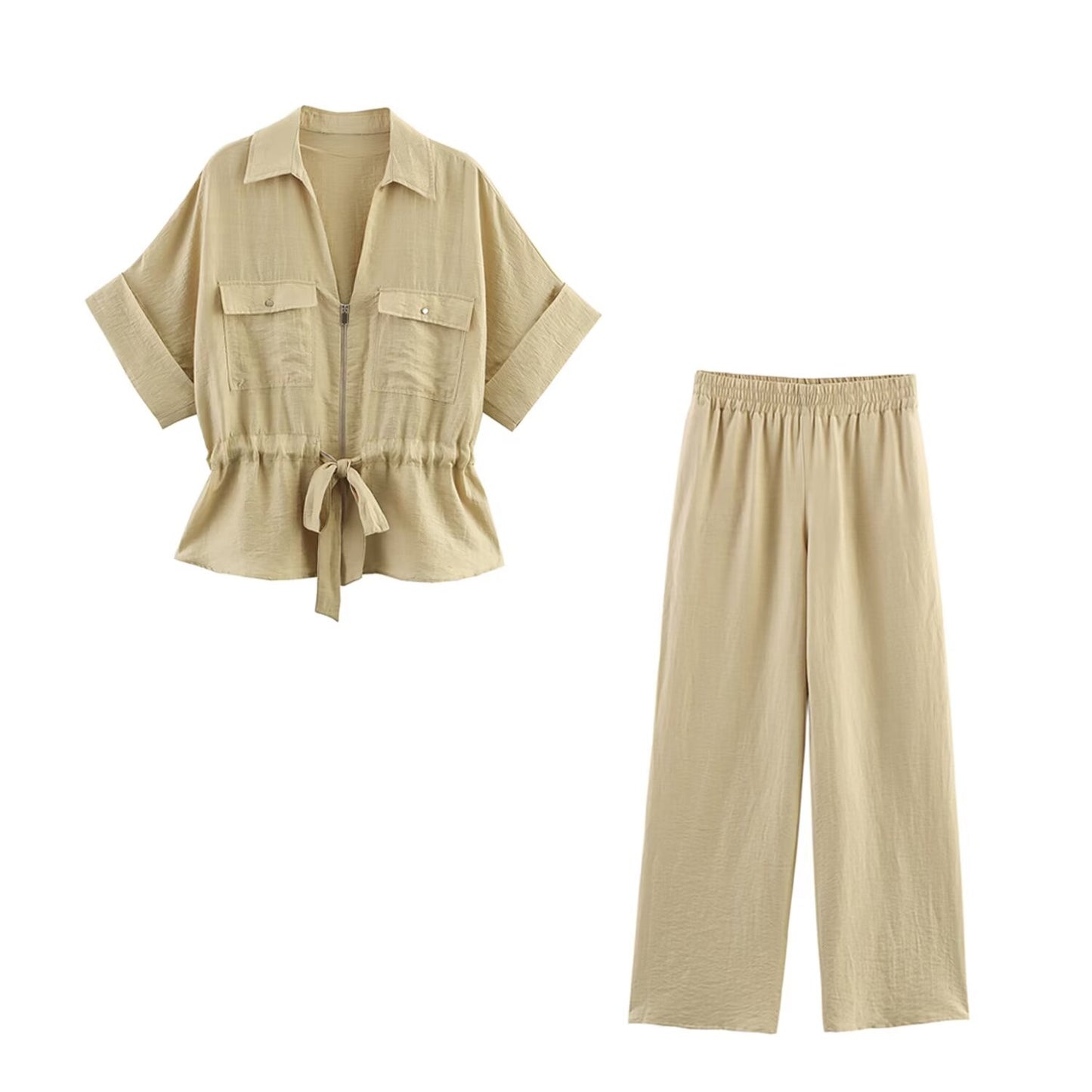 Women's' new fashion With Belt casual short sleeved zipper shirt+Pants Women's suit