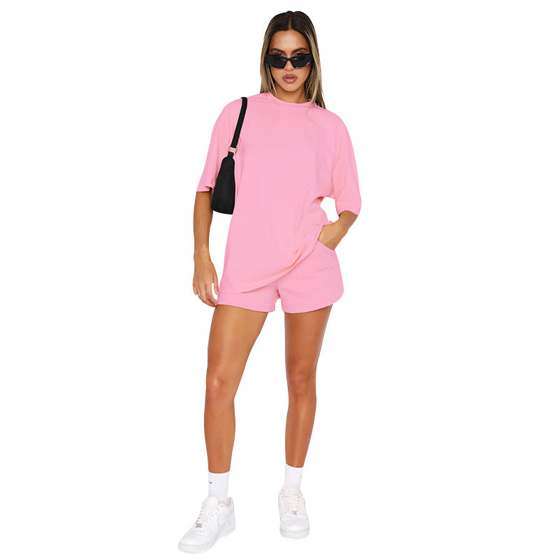 Women's Summer New Wild Polyester-cotton Solid Color Round Neck Sleeve Top Casual Shorts Suit