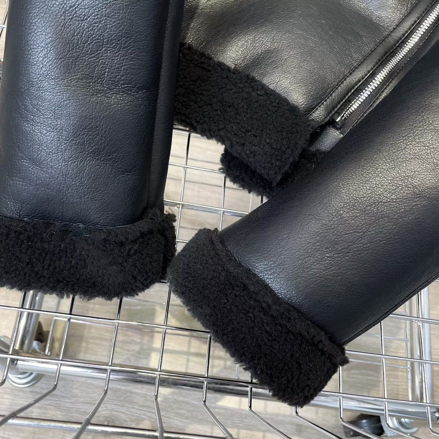 Women's black double-sided Fur Faux Leather jacket Coat