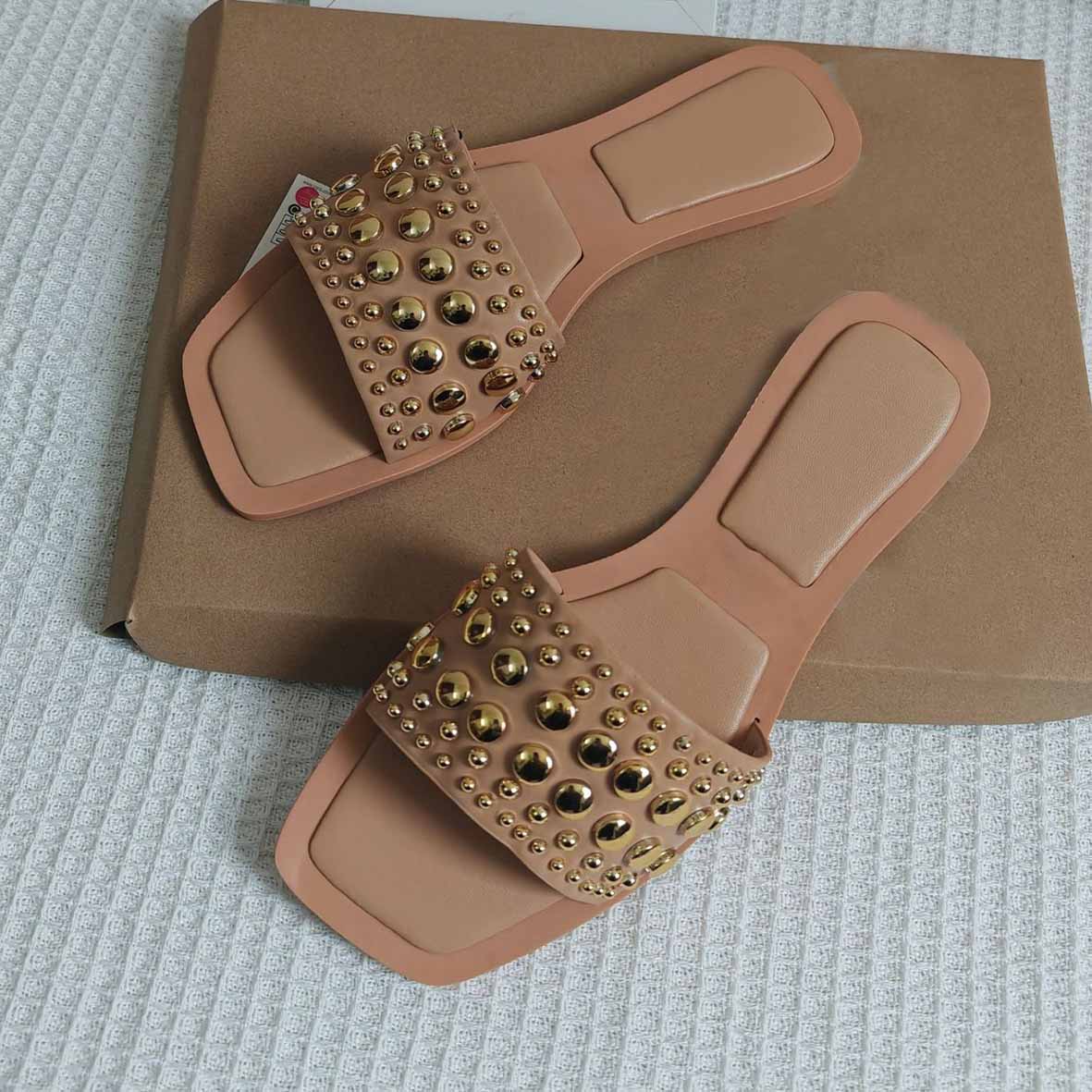 Women's New Fashion Casual Joker Flat Shoes Square Head PVC Rhinestone Rivet Semi-trailer Sandals Women's Shoes.