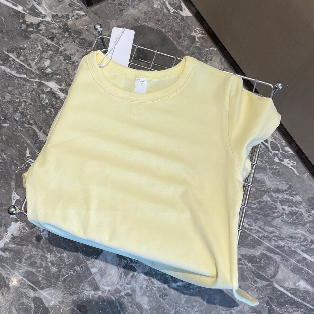 Women's New Fashion Casual Joker Shoulder Solid Color Short-sleeved O-neck T-shirt Retro Women's Chic T-shirt.