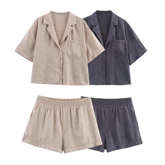 Women's fashion short sleeved single breasted V-neck shirt+Shorts suit