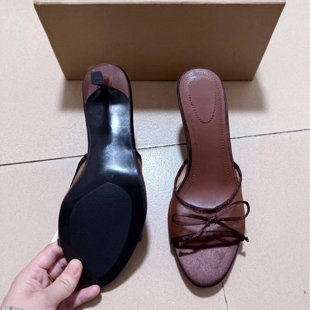 Women's New Fashion Joker Mesh Breathable Open-toed High-heeled Sandals Bow Stilettos.