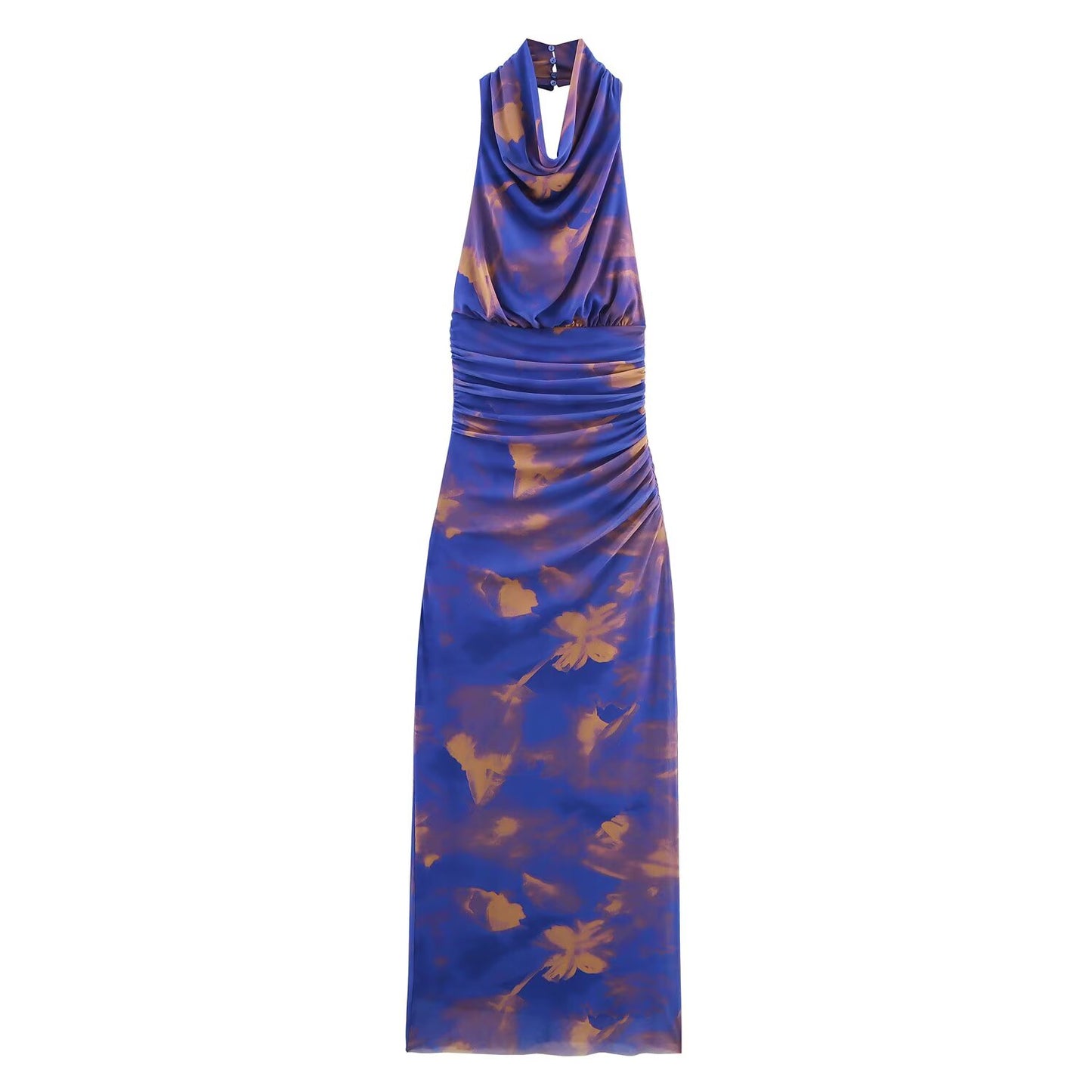 Women's new fashion sleeveless tulle printed pleated Midi dress