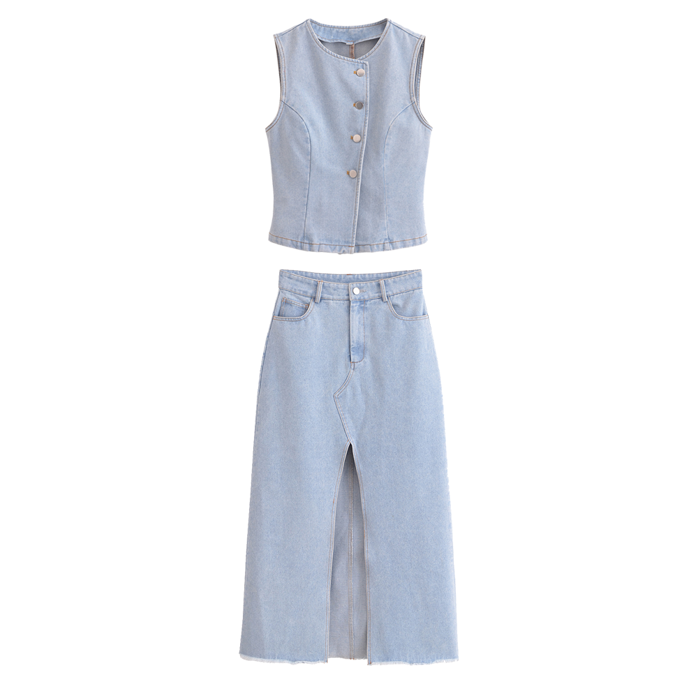 Women's 2025 new fashion slim single breasted denim vest+Skirts Women's suit
