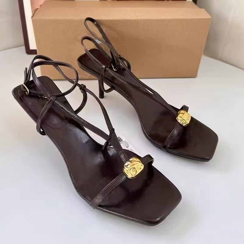 Women's New Fashion Joker Metal Buckle Word with Sandals with Thin Heel Strap Women's Sandals