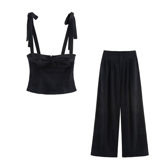 Suit Women's 2 pieces New Fashion bow strap short embroidered top+Pants suit