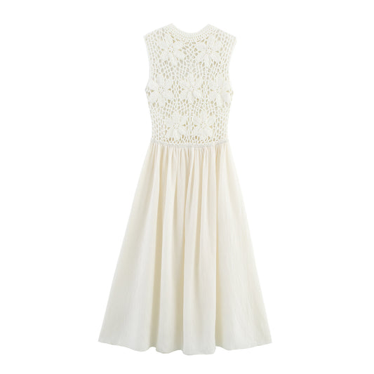 Women's New Fashion flower embroidery splicing sleeveless MIDI dress
