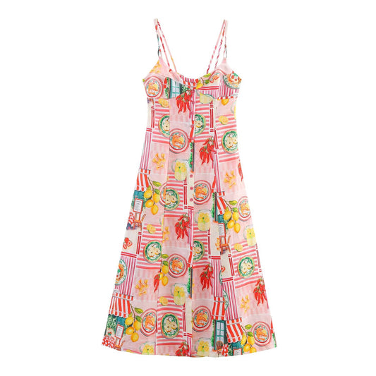 Women's New Fashion Linen Blended Patchwork Printed suspender Midi Dress