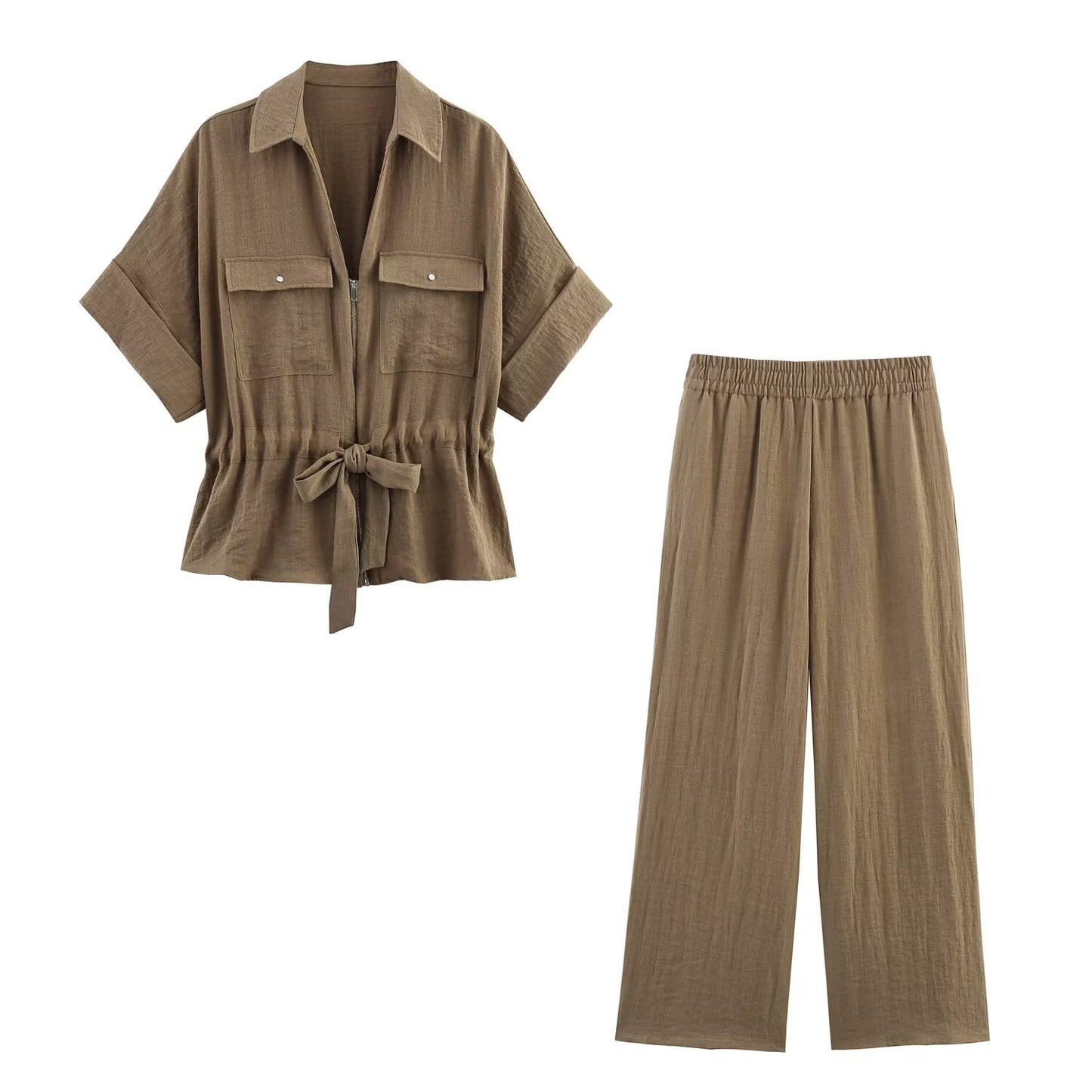 Women's' new fashion With Belt casual short sleeved zipper shirt+Pants Women's suit