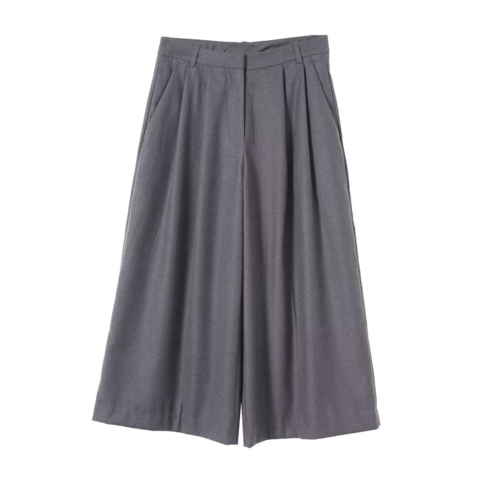 Women's loose pleated flannel wide leg cropped pants