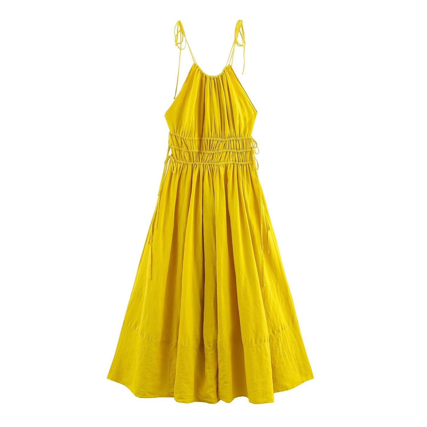 Women's' new fashion wide pleated linen blended suspender MIDI dress