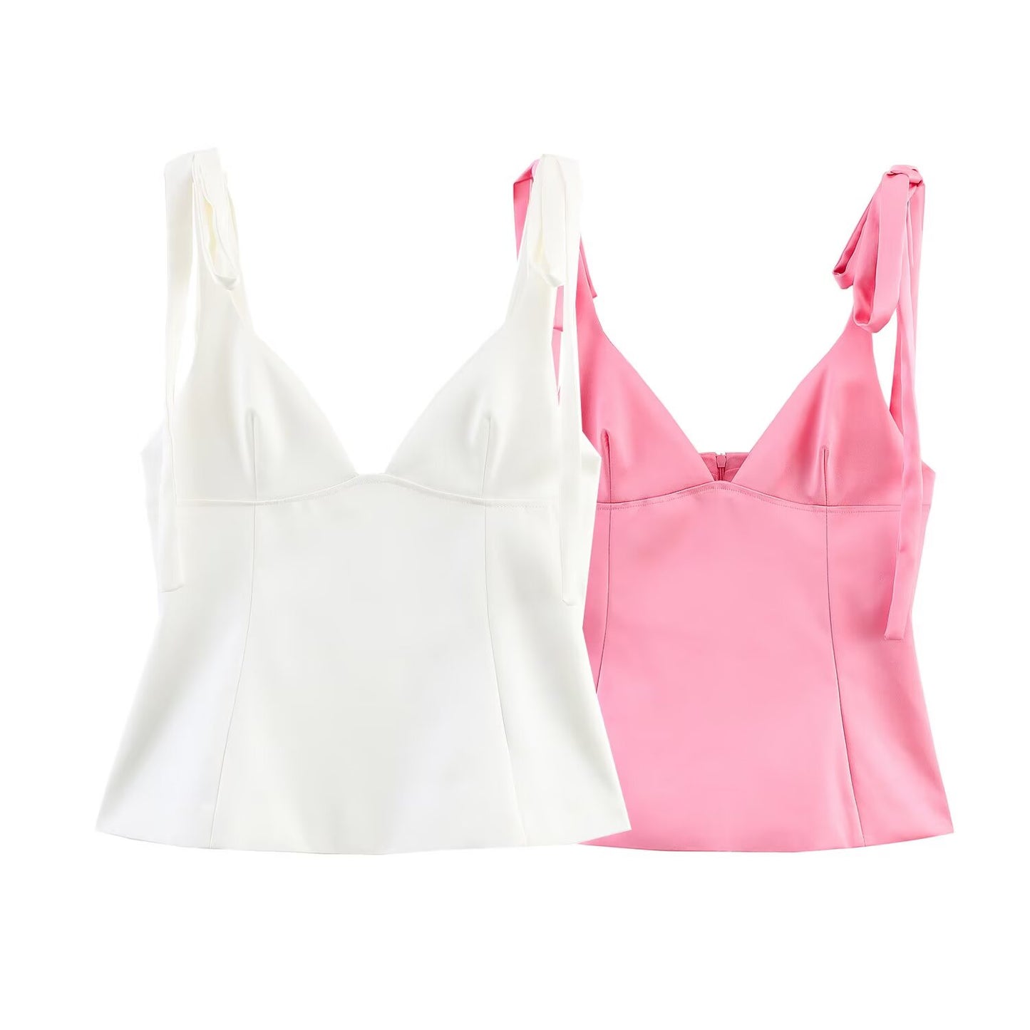Women's' New Fashion bow shoulder strap Design slim satin texture V-neck top