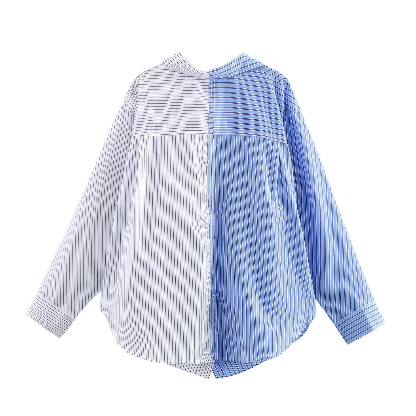 Women's new fashion pocket decoration loose splicing striped women's shirt retro long sleeved button up women's shirt chic top