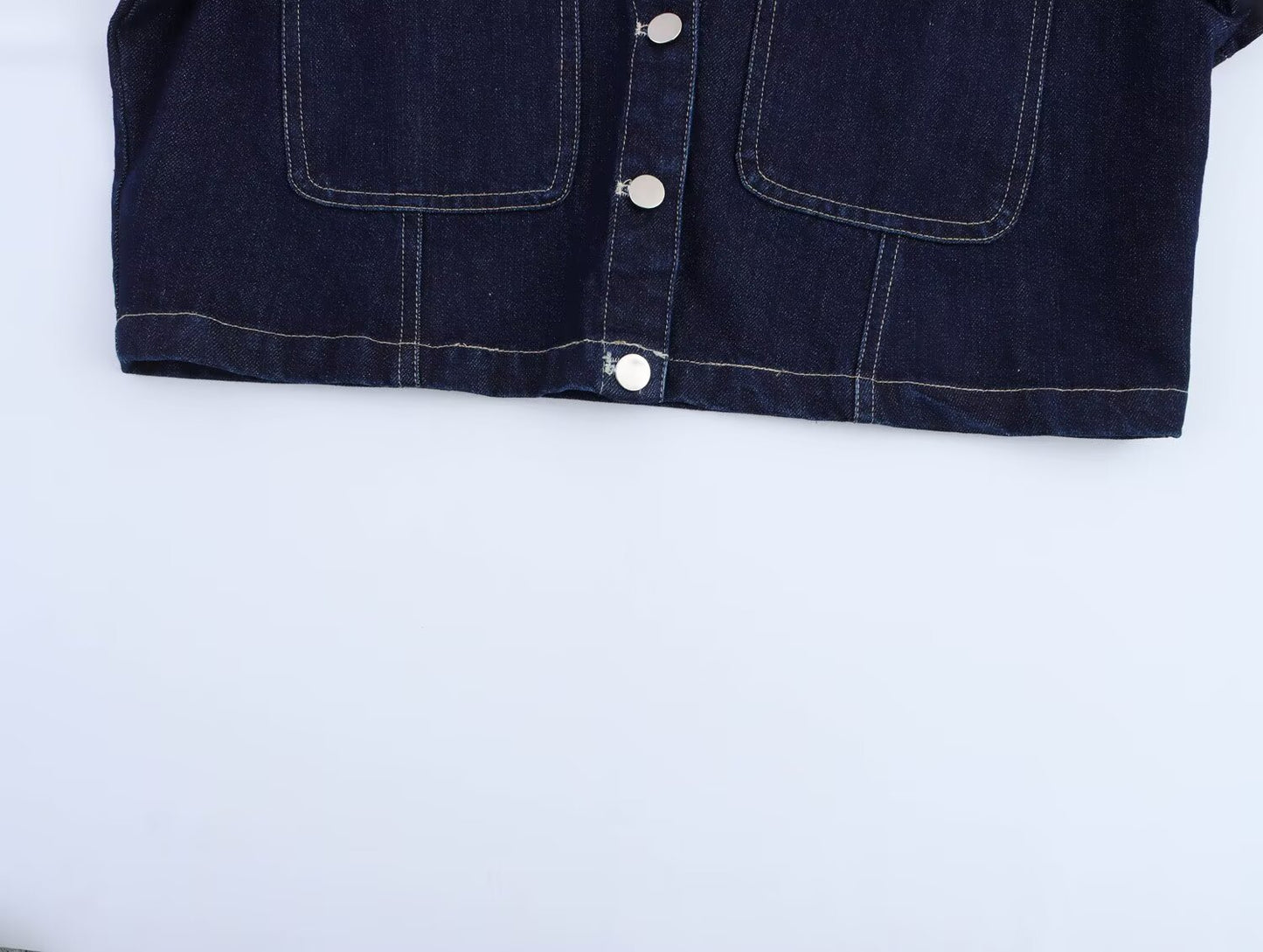 Women's new fashion double pocket decoration casual short lapel denim shirt retro short sleeved button up women's shirt chic top