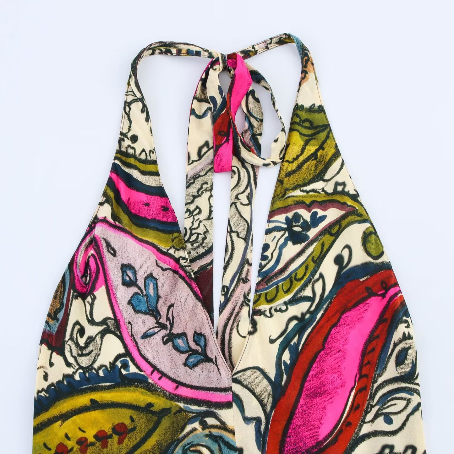 Women's new chic Fashion slim draped print hanging neck MIDI dress retro sleeveless backless women's dress