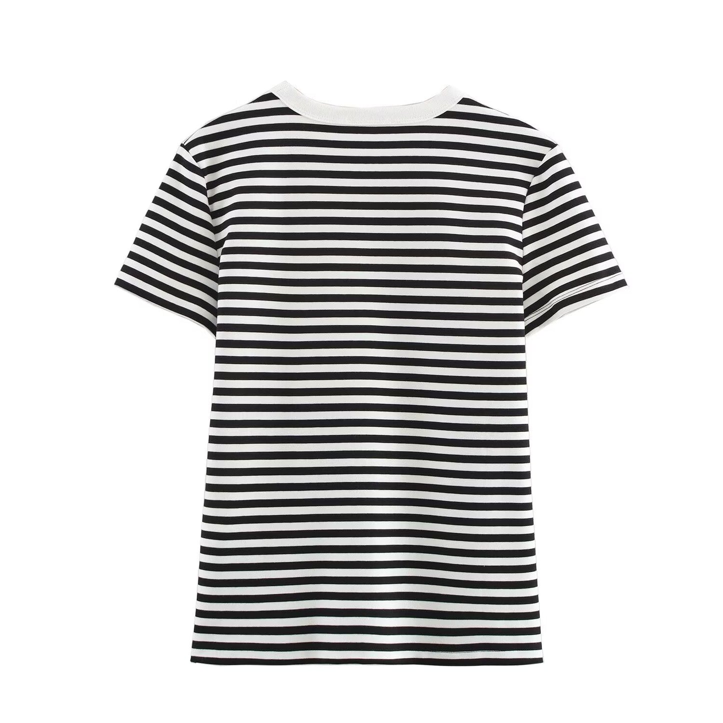 Women's 2025 new fashion slim casual striped T-shirt multi-color basic style O Neck T-shirt top retro short sleeved women's T-shirt chic top