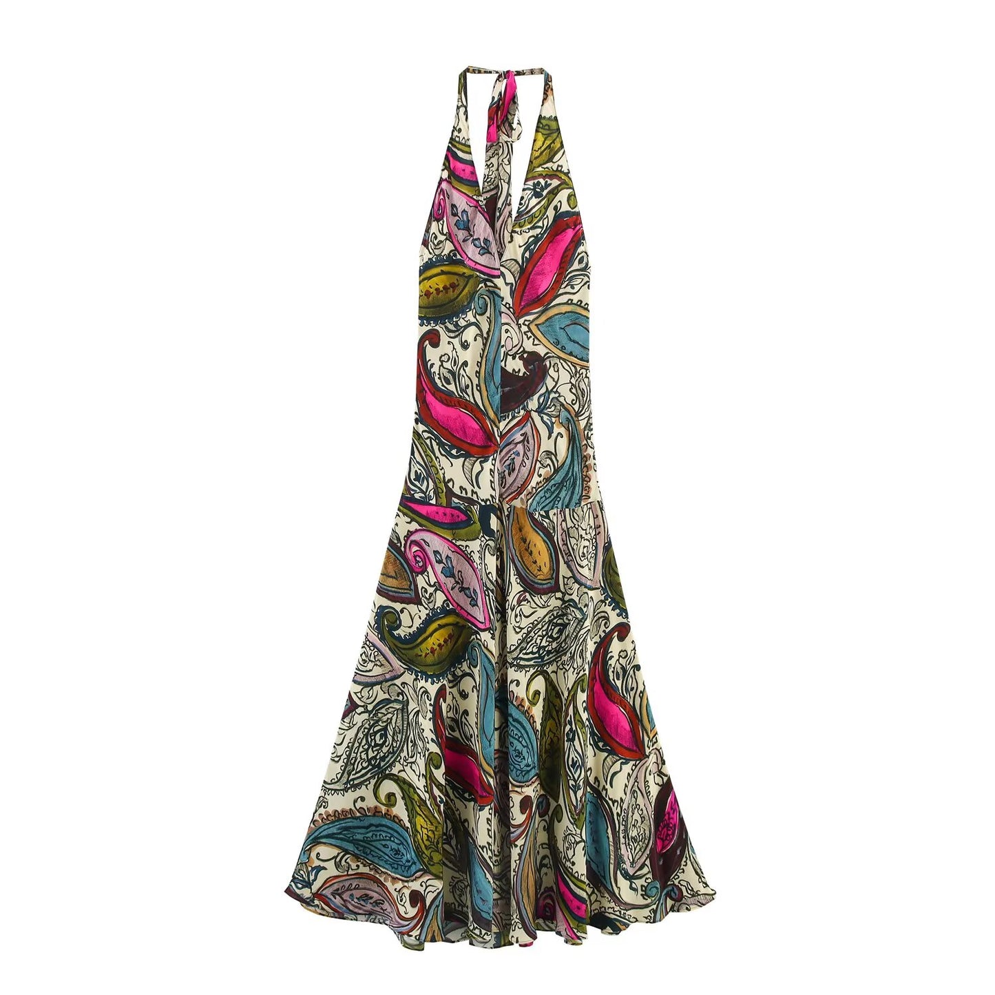 Women's new chic Fashion slim draped print hanging neck MIDI dress retro sleeveless backless women's dress