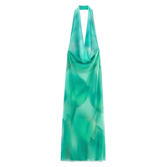 Women's new fashion sleeveless tulle print hanging neck MIDI dress