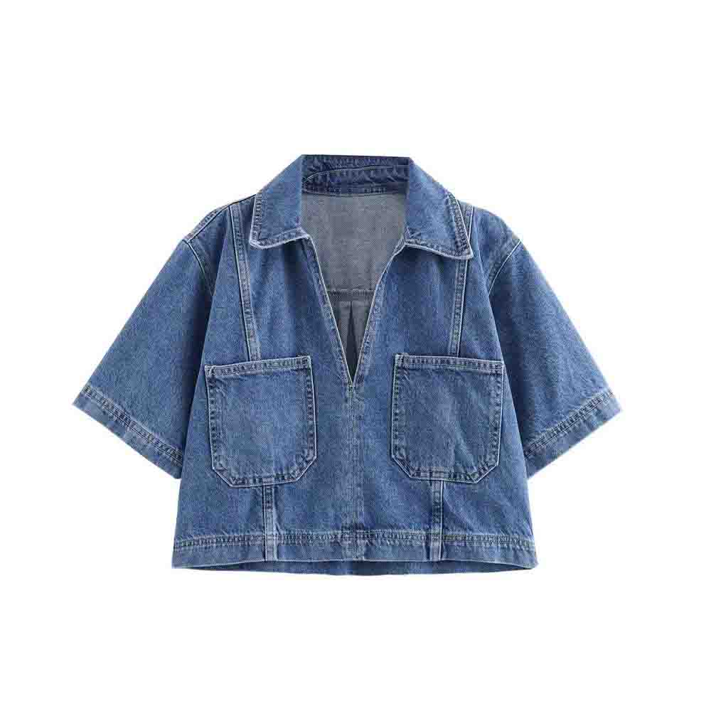 Ladies' new fashion casual short denim shirt retro short sleeved women's shirt chic top+Shorts Skirts Women's suit