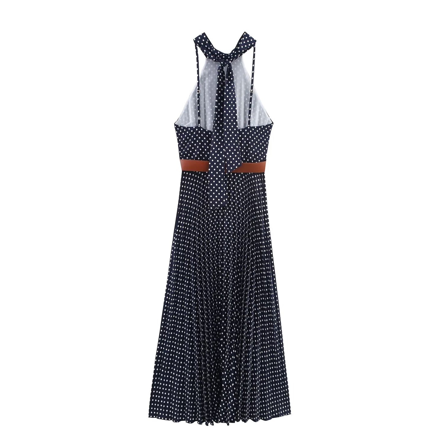 Women's new fashion with Belt polka dot print hanging neck MIDI dress