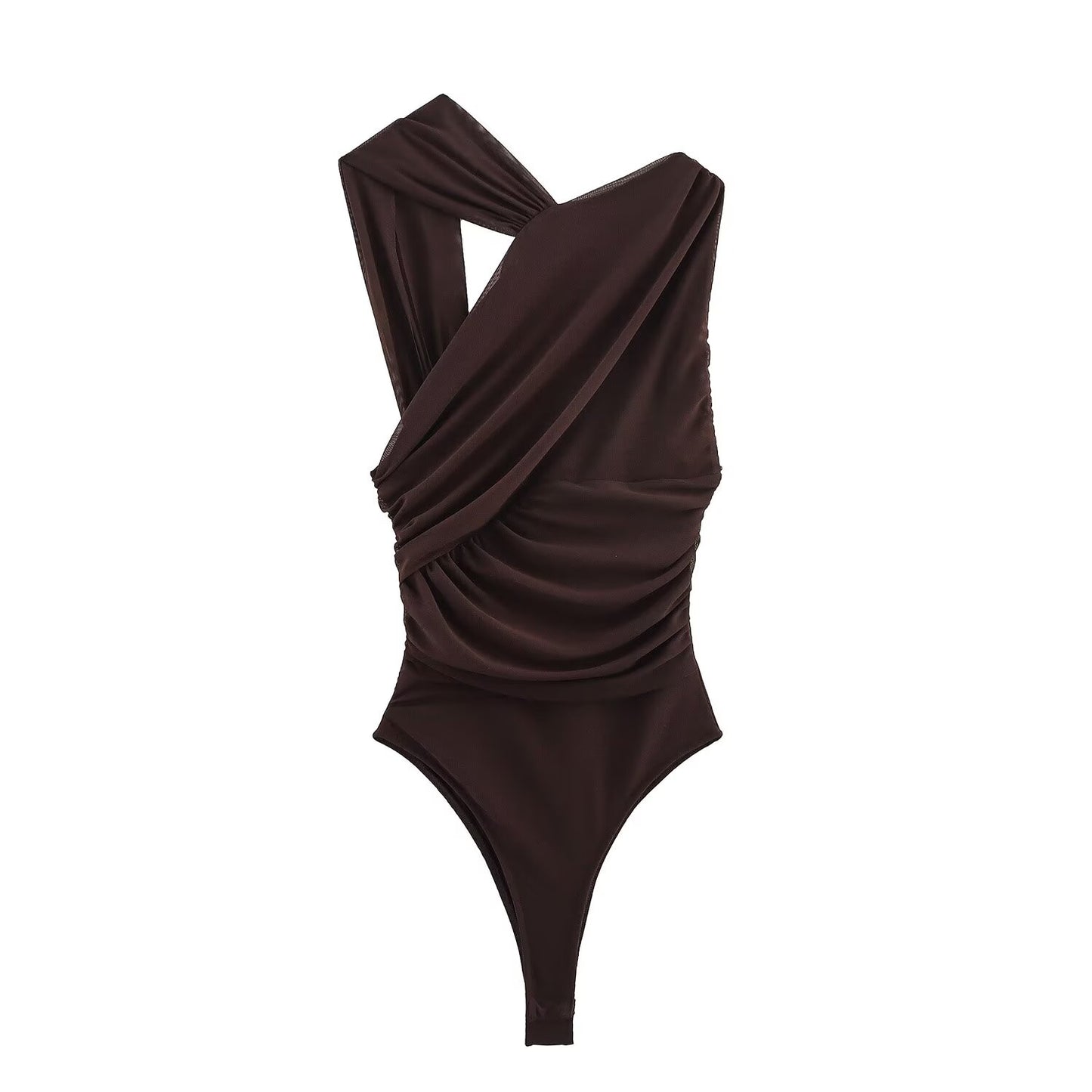 Women's 2025 new fashion tight pleated Printed tulle bodysuit
