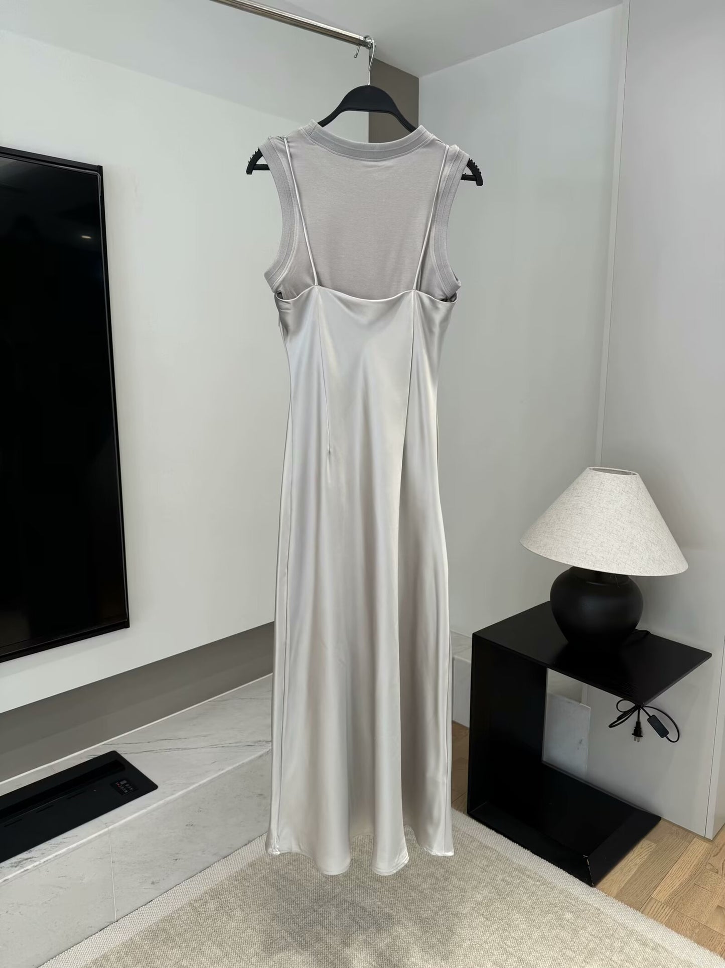 Women 2025 New Fashion Silk satin stitching texture Midi Dress Vintage Female Dresses