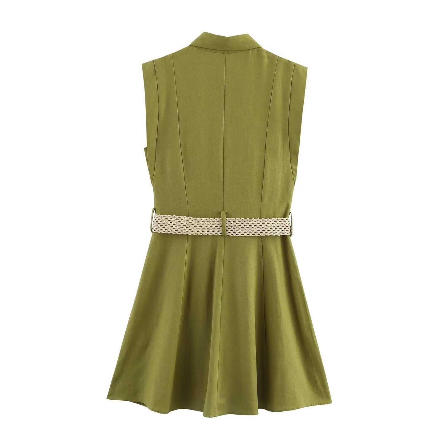 Women's new chic fashion With Belt slim single breasted linen blend shirt style mini dress retro sleeveless women's dress