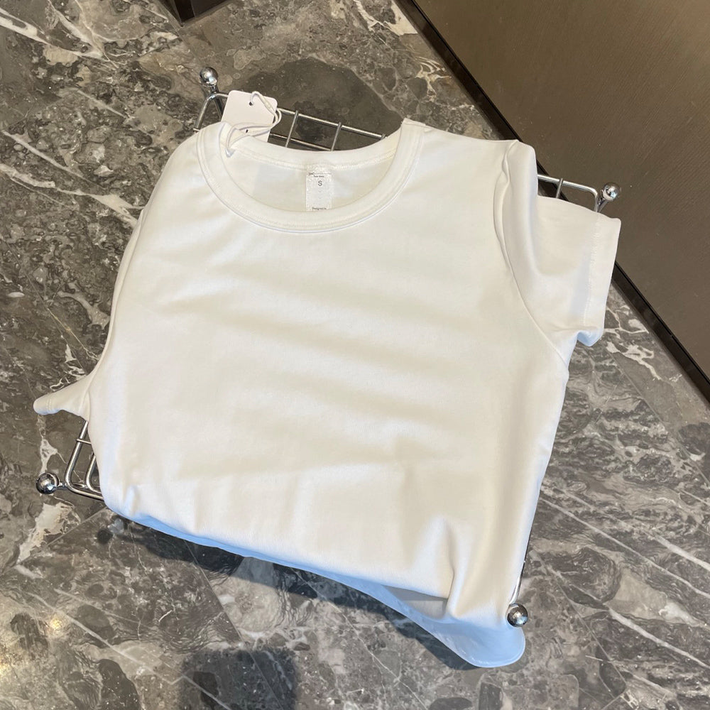 Women's New Fashion Casual Joker Shoulder Solid Color Short-sleeved O-neck T-shirt Retro Women's Chic T-shirt.