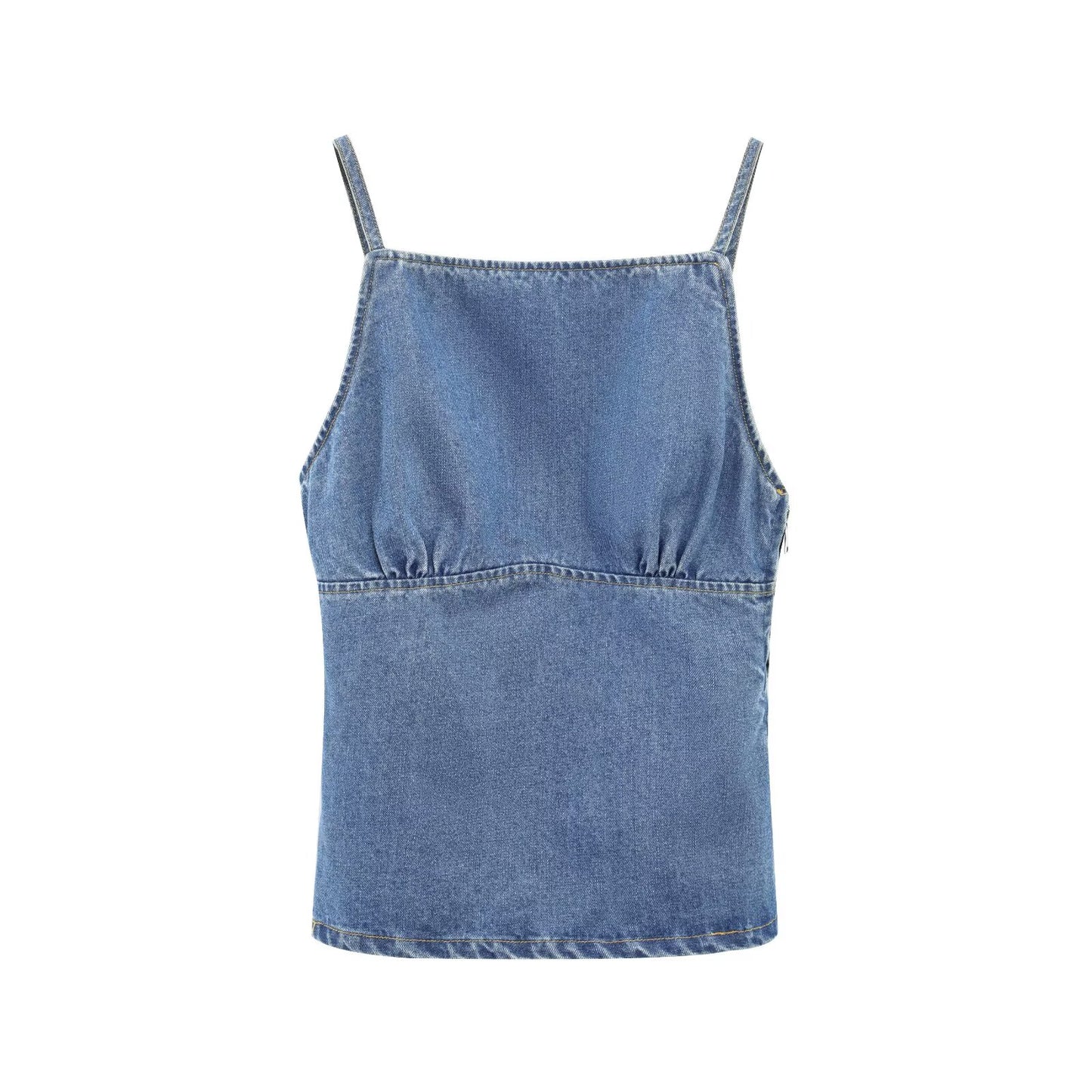 Women's 2025 new fashion pleated decoration slim versatile camisole denim top retro sleeveless backless women's vest chic top