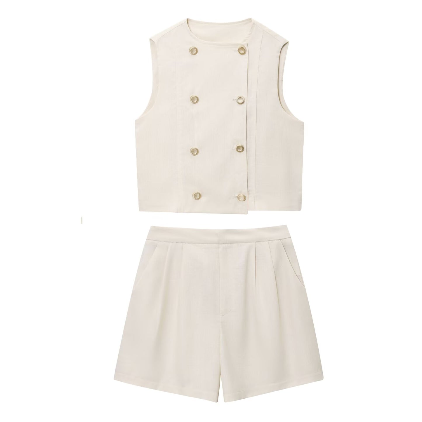 Women's new fashion linen blend double breasted sleeveless vest+Shorts suit