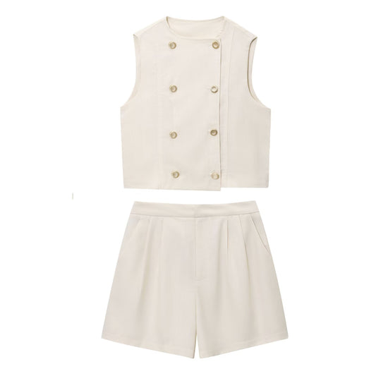 Women's new fashion linen blend double breasted sleeveless vest+Shorts suit