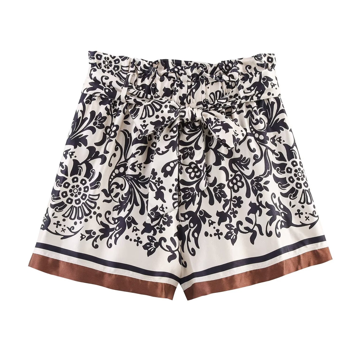 Women's New With Belt Satin Texture paper bag style printed shorts