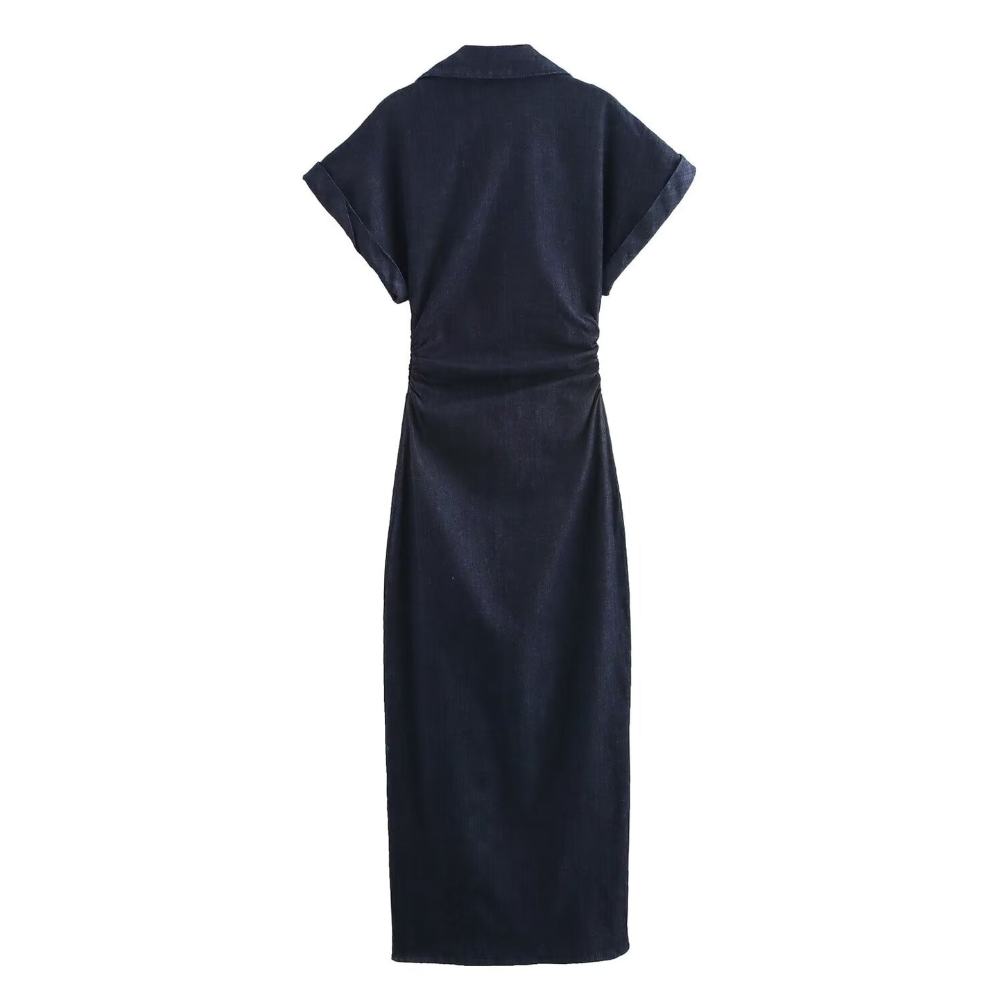 Women's new chic fashion pleated decoration slim single breasted denim Midi dress retro V Neck short sleeved women's dress