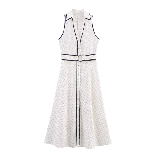 Women's new fashion with Belt polka dot printed shirt style MIDI dress