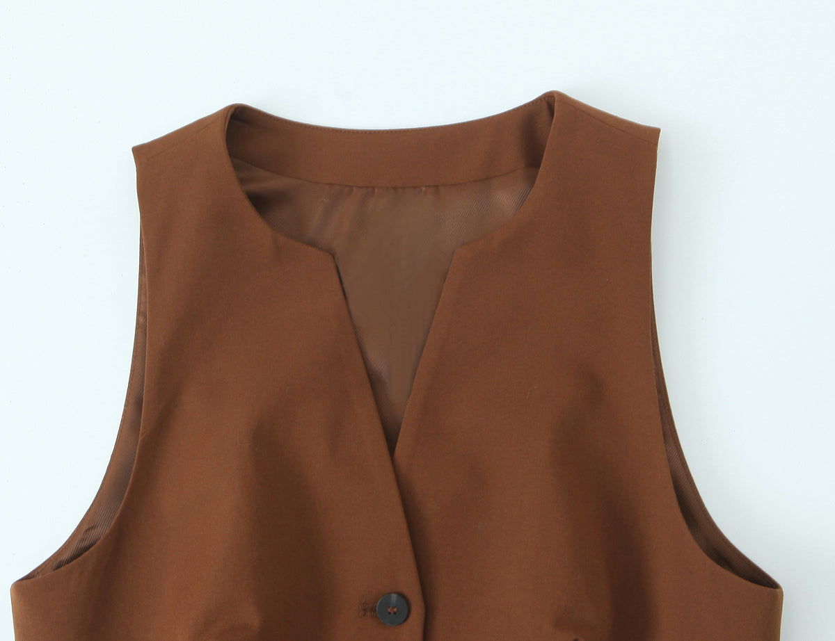 Women's new fashion pocket decoration casual slim single breasted V Neck vest retro women's vest chic top+Skirts Women's suit
