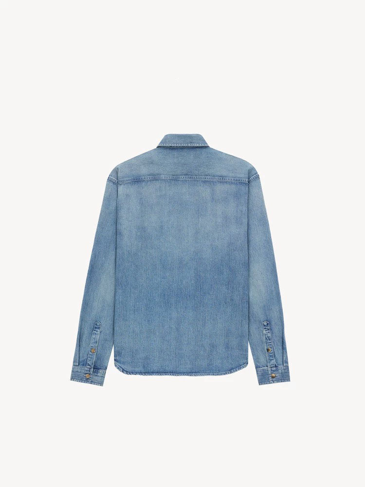 Men and women with the same new casual Joker linen slub sand washed denim long sleeve chic shirt.