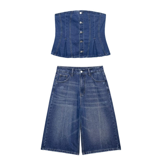 Women's new fashion short single breasted tight corset style denim top+Jeans suit