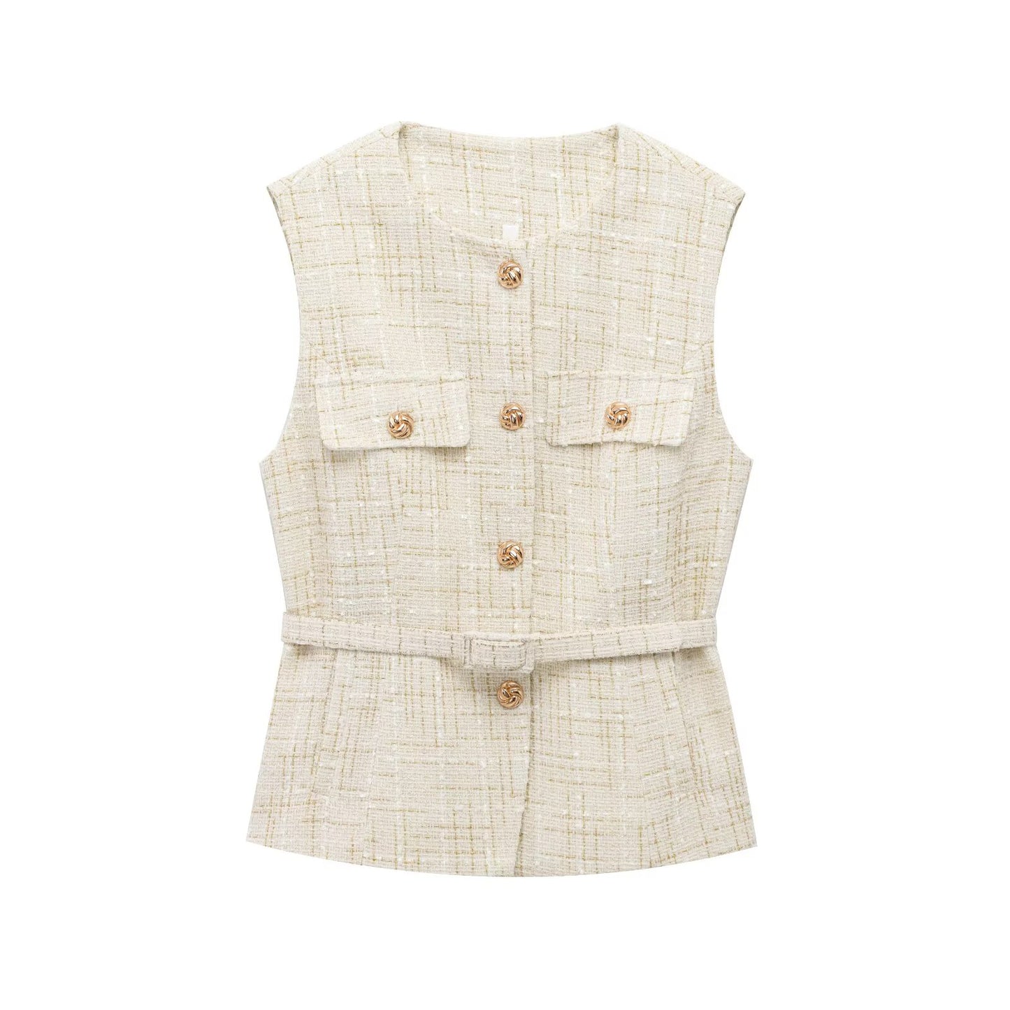 Women's new fashion with belt bead decoration casual single breasted texture vest retro O Neck sleeveless women's vest chic top
