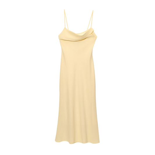 Women's New Fashion Solid Ramie Blended Underwear Style suspender Midi Dress