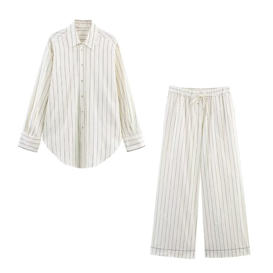 Women's new fashion loose single breasted long sleeved striped shirt+Pants suit