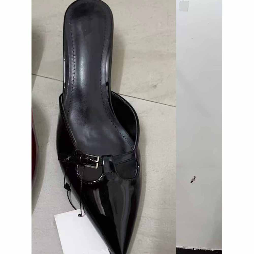 Women's New Fashion Joker Buckle Decorated Patent Leather Cat with High Heels and Pointed Half Slippers.