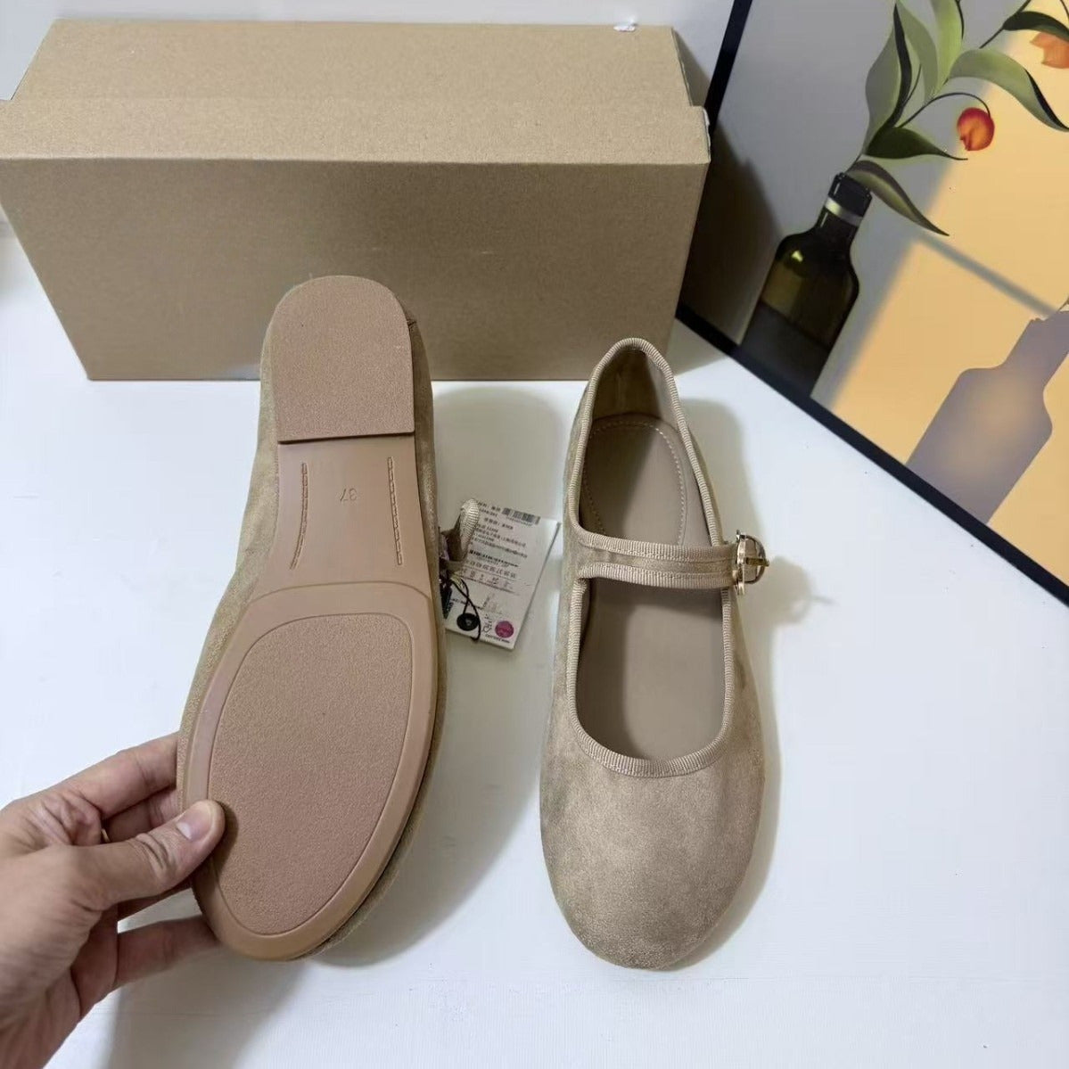 Women's new fashion Joker pull with suede shallow retro round-headed flat-bottomed ballet women's shoes