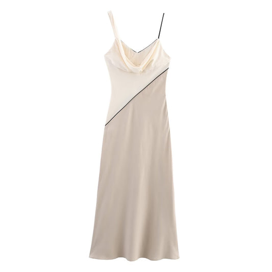 Women's new Fashion linen blend patchwork suspender MIDI dress