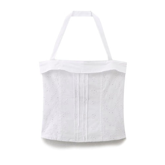 Women's new fashion slim embroidered poplin hanging neck collar top