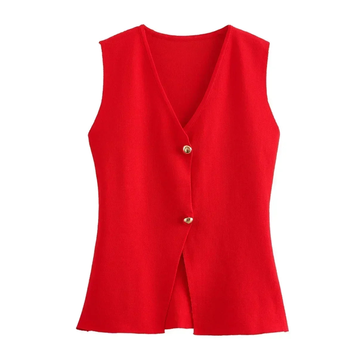 Women's 2024 new fashion gold button decoration slim V Neck vest style knitted top retro sleeveless women's vest chic top